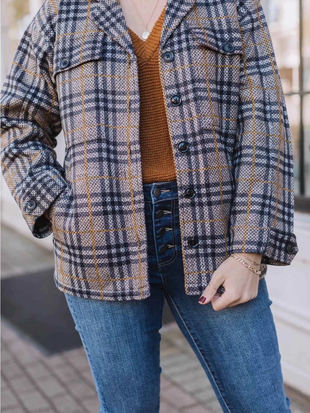 Plaid Button-Front Shacket in Mustard and Gray